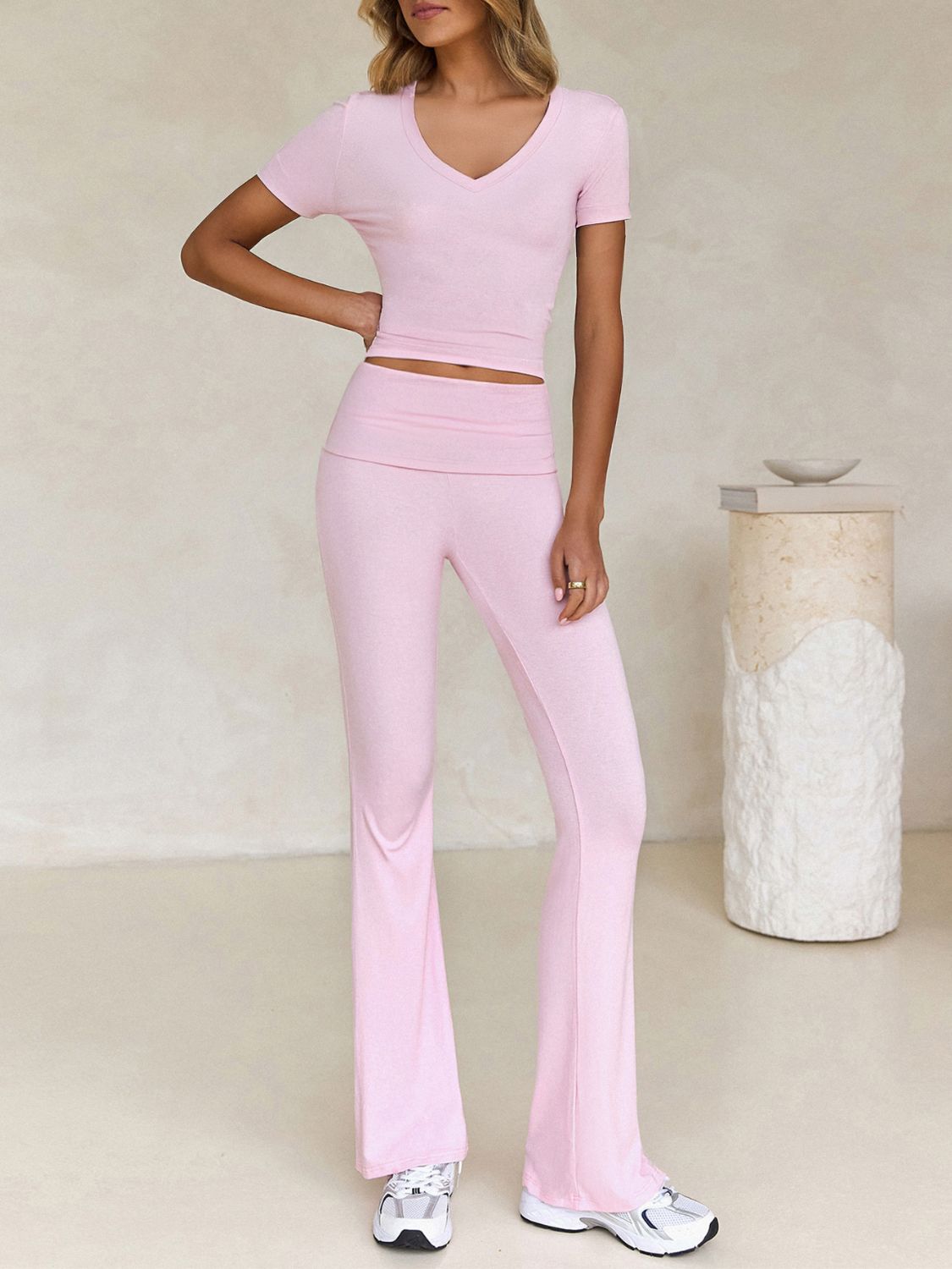 V-Neck Top and Bootcut Leggings Set