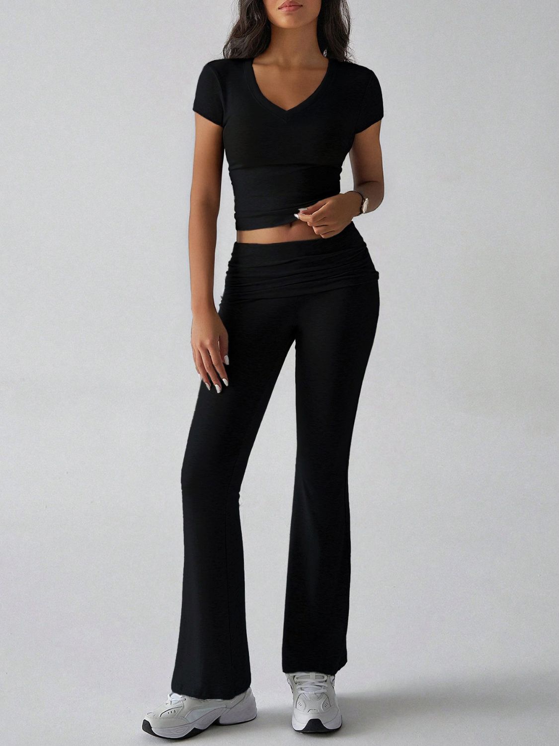 V-Neck Top and Bootcut Leggings Set